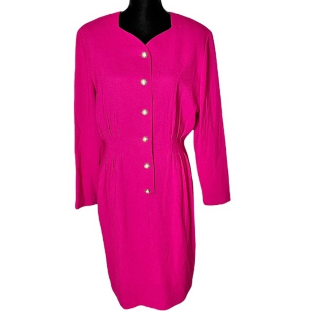 Vintage womens magenta long sleeve button down retro 80’s career wear dress pink